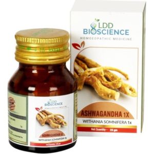 A bottle of LDD Bioscience Ashwagandha 1X with a box, displaying the product name and related details, featuring roots of the herb.