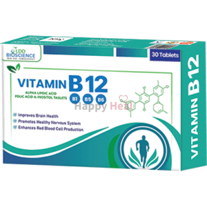 A box of Vitamin B12 tablets, highlighting benefits for brain health, nervous system support, and red blood cell production.