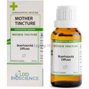 Bottle of homeopathic medicine 'Mother Tincture' containing Boerhaavia Diffusa, alongside its packaging, indicating alcohol content and manufacturer details.