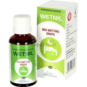 A bottle of Wetnil homoeopathic medicine for bed-wetting, alongside its packaging, showcasing the product name and usage instructions.