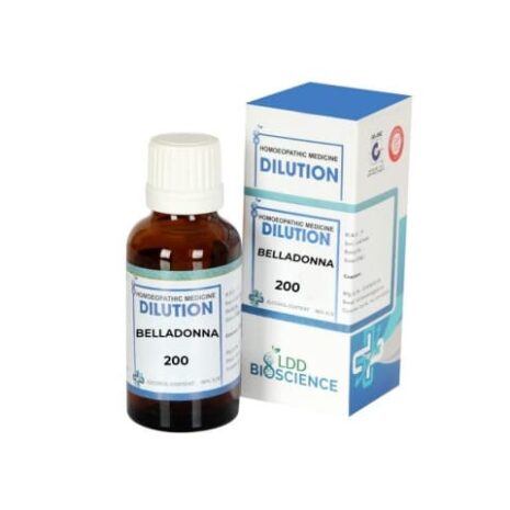 A brown glass bottle of Belladonna homeopathic dilution with a white cap, accompanied by a blue and white box featuring the product label and branding.