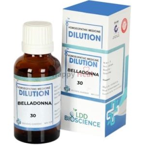 A glass bottle of Belladonna homeopathic dilution 30C next to its packaging, labeled "Homoeopathic Medicine Dilution" by LDD Bioscience.