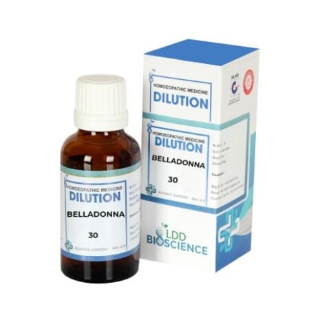 A glass bottle of Belladonna homeopathic dilution 30C next to its packaging, labeled "Homoeopathic Medicine Dilution" by LDD Bioscience.