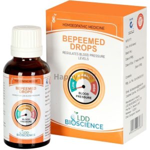 A bottle of Bepeemed Drops alongside its packaging, labeled as homeopathic medicine for regulating blood pressure levels, featuring a gauge indicating low, normal, and high blood pressure.