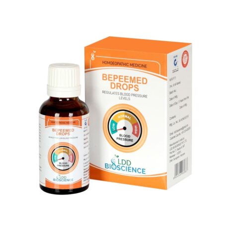 A bottle of Bepeemed Drops alongside its packaging, labeled as homeopathic medicine for regulating blood pressure levels, featuring a gauge indicating low, normal, and high blood pressure.