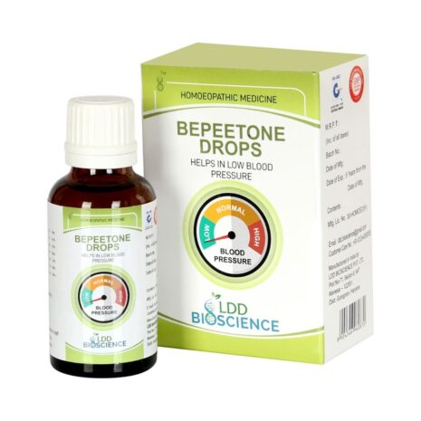A bottle of Bepeetone Drops alongside its packaging, labeled as a homeopathic medicine that helps manage low blood pressure.