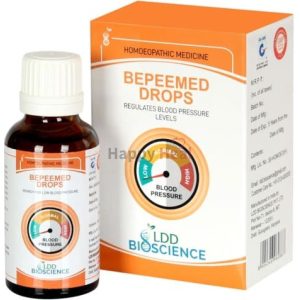 A bottle of Bepeemed Drops alongside its packaging, promoting the regulation of blood pressure levels in homeopathic medicine.