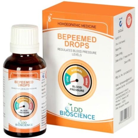 A bottle of Bepeemed Drops alongside its packaging, promoting the regulation of blood pressure levels in homeopathic medicine.