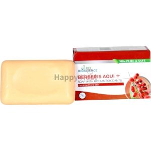 A bar of Berberis Aqui soap next to its packaging, designed for acne-prone skin and enriched with antioxidants.