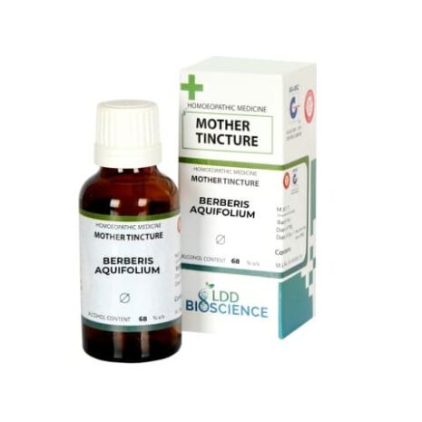 A bottle of Berberis Aquifolium mother tincture with its packaging, labeled as homeopathic medicine by LDD Bioscience.