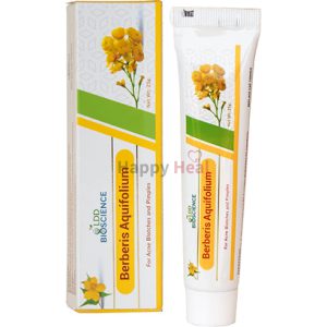 Berberis Aquifolium Acne Treatment:::A tube of Berberis Aquifolium for acne blemishes and pimples, accompanied by its packaging.