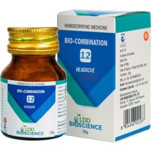 A bottle and box of Bio-Combination 12, a homeopathic remedy for headaches, displayed together with labels indicating its use and dosage.