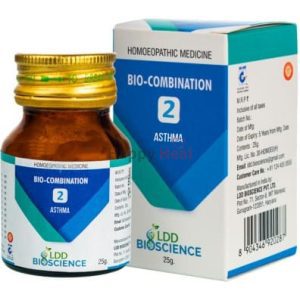 A brown glass bottle of homoeopathic medicine labeled "Bio-Combination 2" for asthma, accompanied by a matching box featuring medical branding and ingredient information.