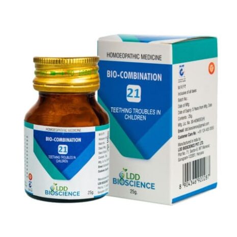 A bottle of Homeopathic medicine labeled "Bio-Combination 21" for alleviating teething troubles in children, displayed alongside its box.