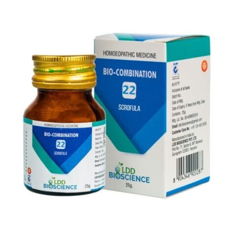 A brown glass bottle of Bio-Combination 22 homeopathic medicine alongside its colorful box, labeled for scrofula treatment.