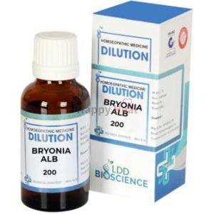 A bottle of Bryonia Alba 200 homeopathic dilution with a labeled box, showcasing its key features and branding.