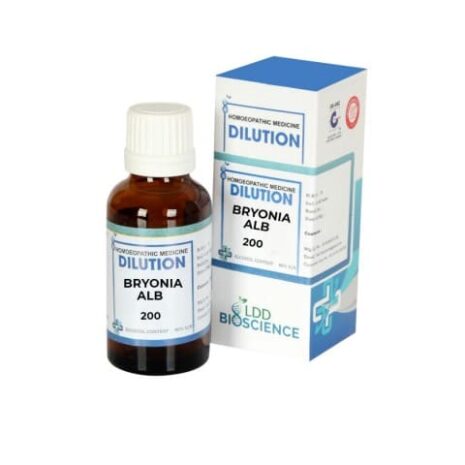 A bottle of Bryonia Alba 200 homeopathic dilution with a labeled box, showcasing its key features and branding.