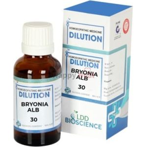 A bottle of Bryonia Alba 30C homeopathic dilution with a blue and white box, displaying product information and branding from LDD Bioscience.