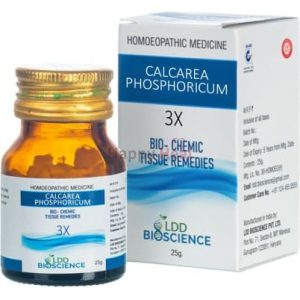 A bottle of Calcareaphosphoricum 3X homeopathic medicine alongside its packaging, indicating it contains 25g.