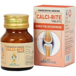A bottle of Calci-Rite homeopathic tablets alongside its packaging, designed to aid in the treatment of osteoporosis.