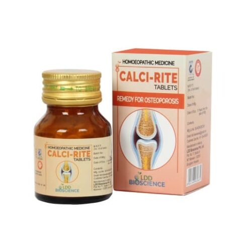 A bottle of Calci-Rite homeopathic tablets alongside its packaging, designed to aid in the treatment of osteoporosis.