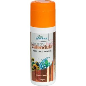 A bottle of calendula prickly heat powder by LDD Bioscience, featuring a vibrant orange cap and a label highlighting its soothing properties.