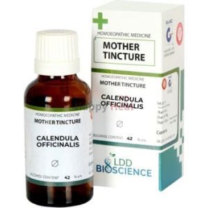 Brown glass bottle of Calendula Officinalis mother tincture with packaging, labeled as homeopathic medicine.