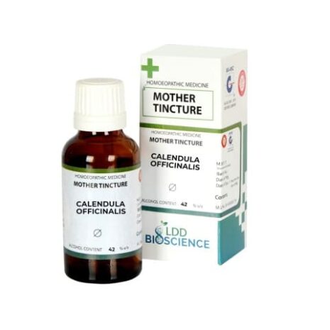 Brown glass bottle of Calendula Officinalis mother tincture with packaging, labeled as homeopathic medicine.