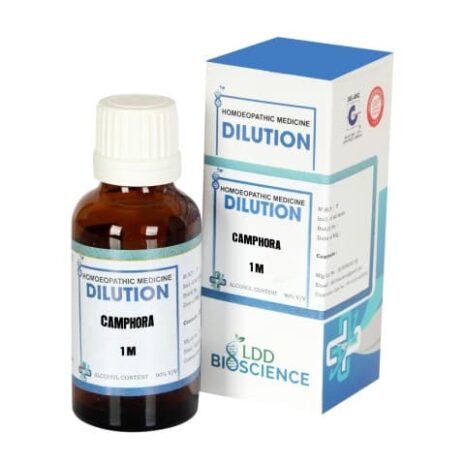 Brown glass bottle of Camphora homeopathic medicine dilution with a labeled box, indicating the product's components and specifications.