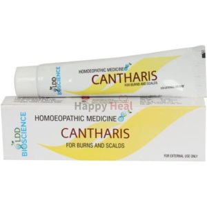 Tube and box of Cantharis homeopathic medicine, designed for treating burns and scalds.