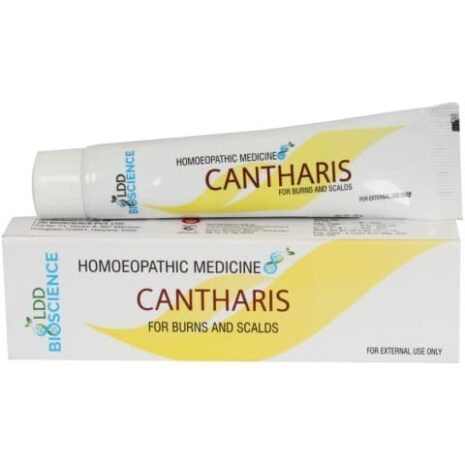 Tube and box of Cantharis homeopathic medicine, designed for treating burns and scalds.