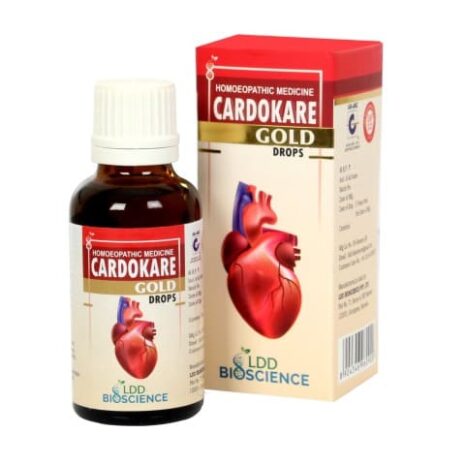 A bottle of Cardokare Gold Drops alongside its packaging, featuring a heart graphic and branding from LDD Bioscience, designed for promoting heart health.