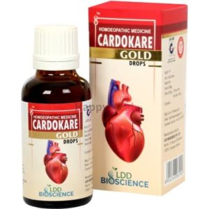 A bottle of Cardokare Gold Drops for heart health, alongside its packaging featuring a heart graphic.