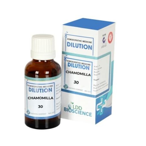 A bottle of Chamomilla homeopathic medicine 30C alongside its packaging, labeled with "LDD Bioscience" branding.