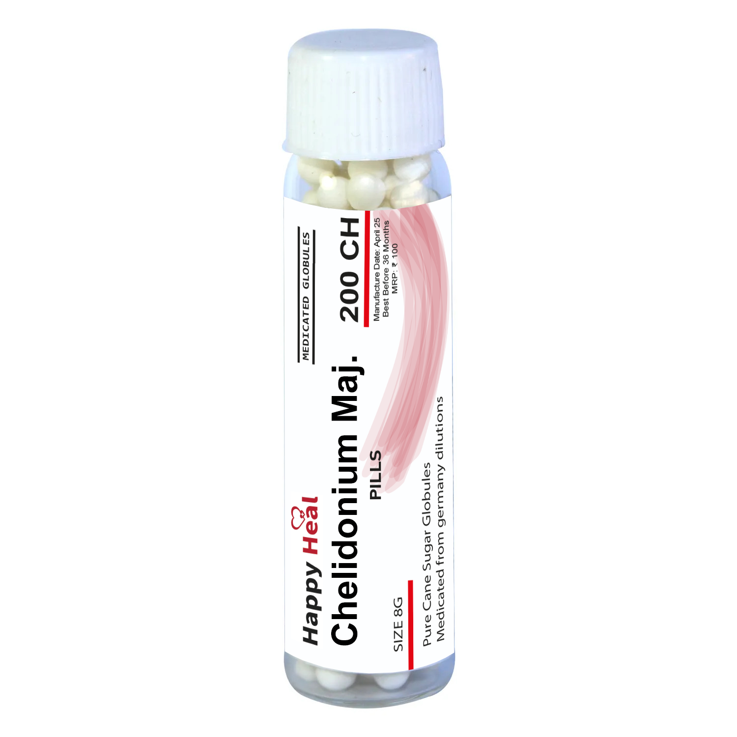 Container of Chelidonium Majus 200 CH homeopathic globules, labeled with dosage and ingredients information.