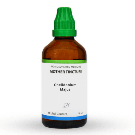 A brown glass bottle of homeopathic medicine labeled "Mother Tincture" with green and blue accents, containing Chelidonium Majus and indicating alcohol content.