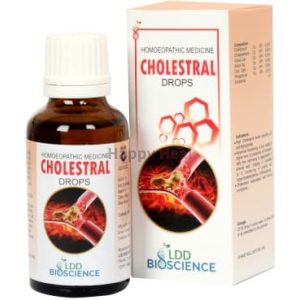 Cholestral Homeopathic Drops:::"A bottle of Cholestral homeopathic drops alongside its packaging, featuring images of blood vessels and graphics related to cholesterol."