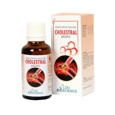 Cholestral Homeopathic Drops:::"A bottle of Cholestral homeopathic drops alongside its packaging, featuring images of blood vessels and graphics related to cholesterol."