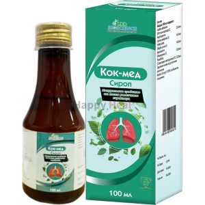 Image of a cough syrup bottle and box labeled "Кок-мед," featuring lung illustrations and green design elements.