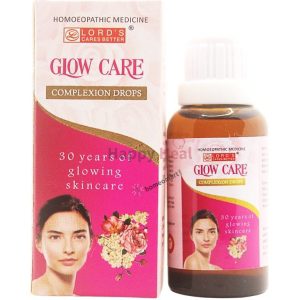 A bottle of Glow Care complexion drops alongside its packaging, showcasing a skincare product emphasizing glowing skin and homeopathic benefits.