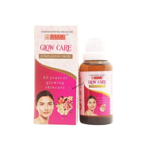 A bottle of Glow Care complexion drops alongside its packaging, showcasing a skincare product emphasizing glowing skin and homeopathic benefits.