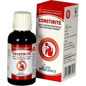 A bottle of Constirite homeopathic medicine, designed to gently relieve constipation and regulate bowel movement, alongside its packaging featuring benefits and usage instructions.