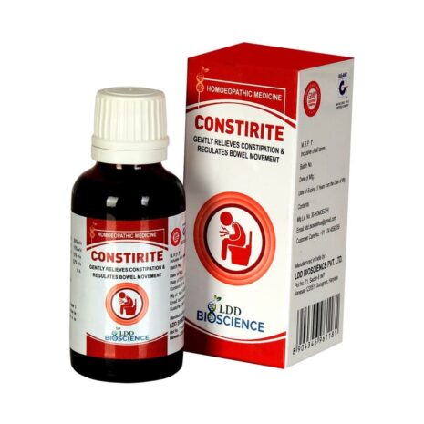 A bottle of Constirite homeopathic medicine, designed to gently relieve constipation and regulate bowel movement, alongside its packaging featuring benefits and usage instructions.