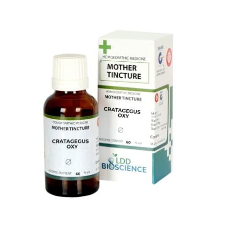 A bottle of Crataegus Oxy mother tincture with packaging, indicating its use in homeopathic medicine.