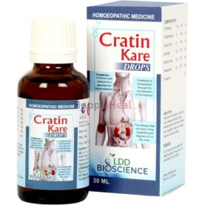 A bottle of Cratin Kare homeopathic medicine, featuring a label with an illustration of the human body, next to its packaging showing nutritional information and brand details.