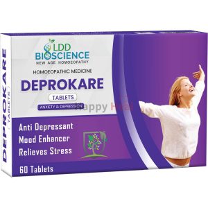 Package of Deprokare tablets designed to relieve stress, enhance mood, and treat anxiety and depression, featuring a joyful woman on the front.
