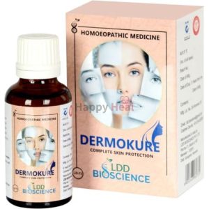 A bottle of Dermokure homoeopathic medicine for complete skin protection next to its packaging, featuring images of faces for visual appeal.