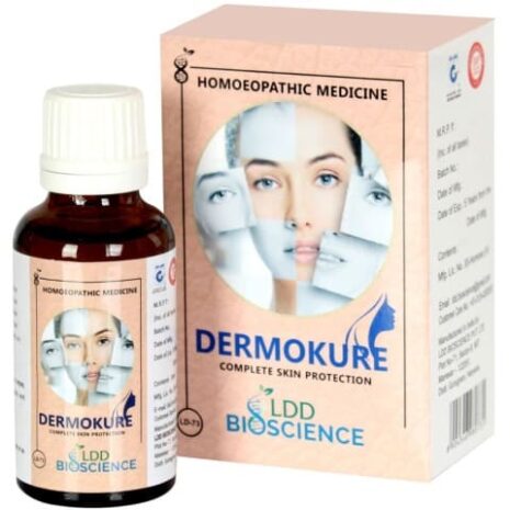 A bottle of Dermokure homoeopathic medicine for complete skin protection next to its packaging, featuring images of faces for visual appeal.