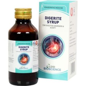 A bottle of DIGERITE syrup alongside its packaging, promoting relief from digestive disorders and acidity, labeled as homeopathic medicine.