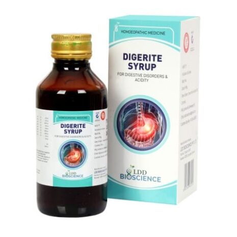 A bottle of DIGERITE syrup alongside its packaging, promoting relief from digestive disorders and acidity, labeled as homeopathic medicine.